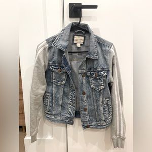 Denim Varsity Jacket mixed fabric